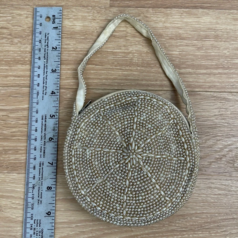 Vintage Cream Faux Pearl Beaded Round Evening Bag Made in Japan Circle Purse